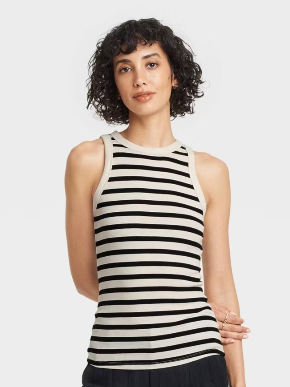 Striped Sleeveless Knit Tank Top — Black & Cream